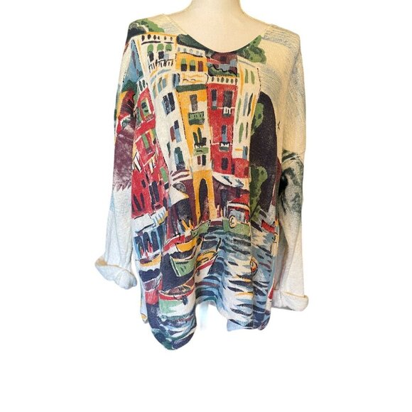 Michael Leu Sweater Size 1X Art Apparel Group Cotton Italian Scene V Neck - Picture 10 of 16